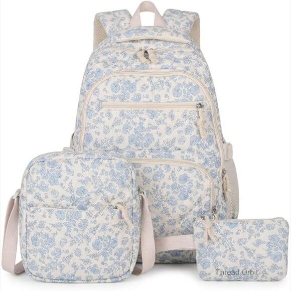 Quilted Floral Backpack Set with Laptop Compartment and Multiple Pockets main image 4